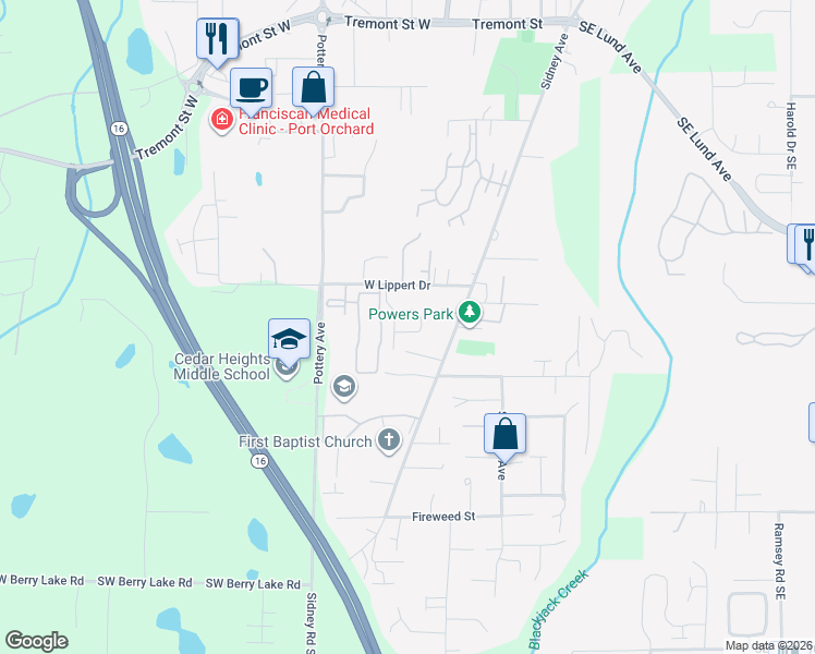 map of restaurants, bars, coffee shops, grocery stores, and more near 111 Dallas Street in Port Orchard