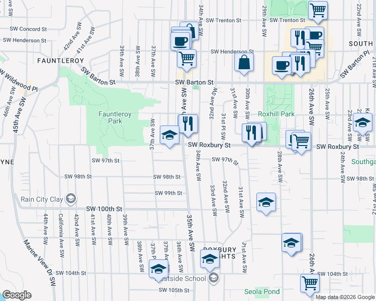 map of restaurants, bars, coffee shops, grocery stores, and more near 9617 34th Avenue Southwest in Seattle