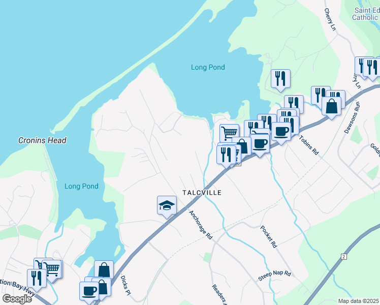 map of restaurants, bars, coffee shops, grocery stores, and more near 29 Noseworthy Lane in Conception Bay South