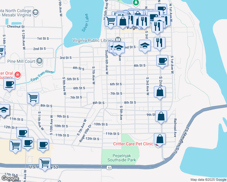 map of restaurants, bars, coffee shops, grocery stores, and more near 507 7th Street South in Virginia