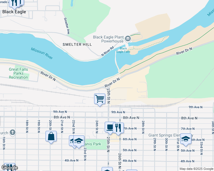 map of restaurants, bars, coffee shops, grocery stores, and more near River Drive North in Great Falls