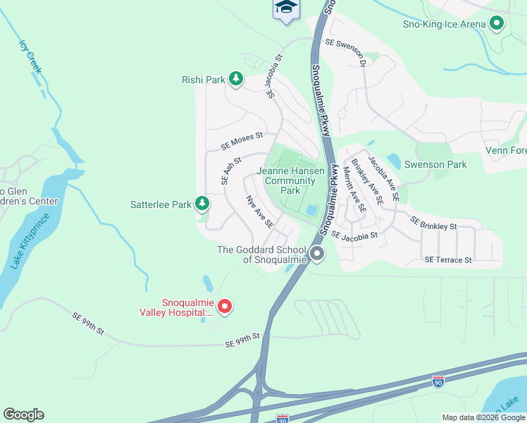 map of restaurants, bars, coffee shops, grocery stores, and more near 9306 Nye Avenue Southeast in Snoqualmie