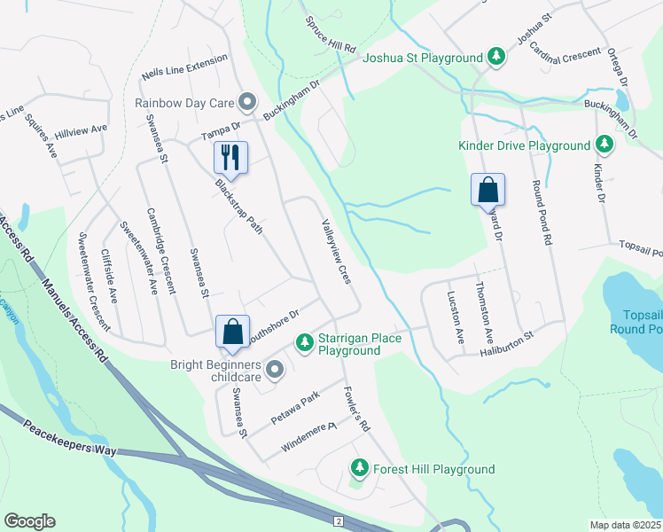 map of restaurants, bars, coffee shops, grocery stores, and more near 44 Valleyview Crescent in Conception Bay South