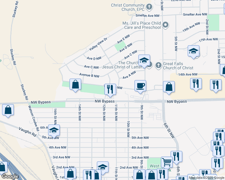 map of restaurants, bars, coffee shops, grocery stores, and more near 1101 Northwest Bypass in Great Falls