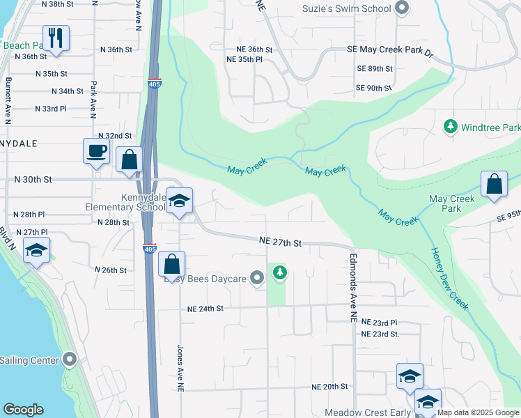 map of restaurants, bars, coffee shops, grocery stores, and more near 2024 Aberdeen Avenue Northeast in Renton