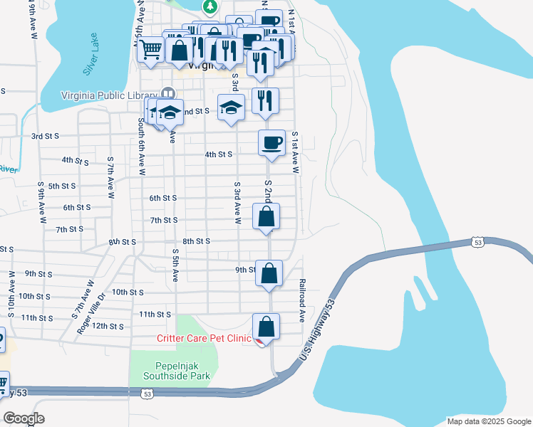 map of restaurants, bars, coffee shops, grocery stores, and more near 214 7th Street South in Virginia