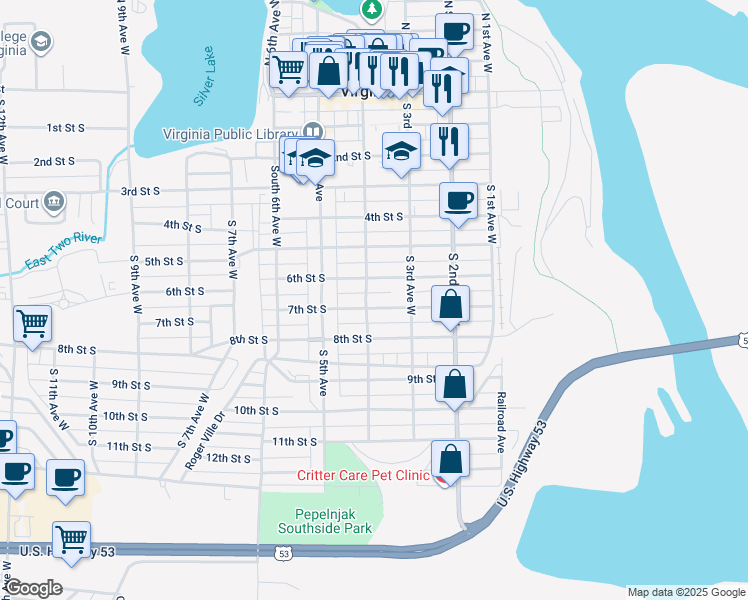 map of restaurants, bars, coffee shops, grocery stores, and more near 329 7th Street South in Virginia