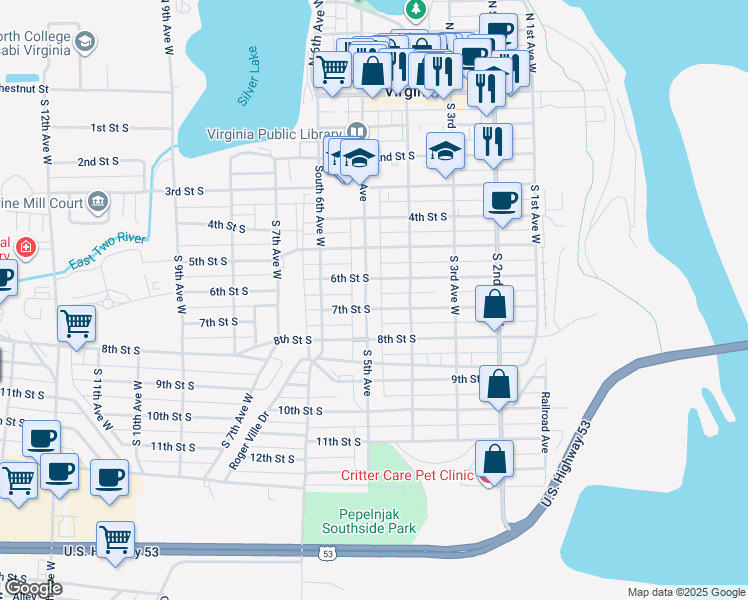 map of restaurants, bars, coffee shops, grocery stores, and more near 716 South 5th Avenue in Virginia