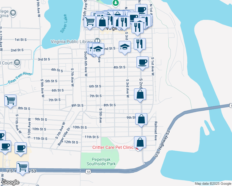 map of restaurants, bars, coffee shops, grocery stores, and more near 329 7th Street South in Virginia