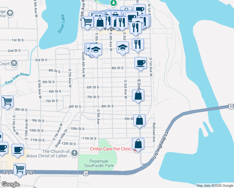 map of restaurants, bars, coffee shops, grocery stores, and more near 329 7th Street South in Virginia