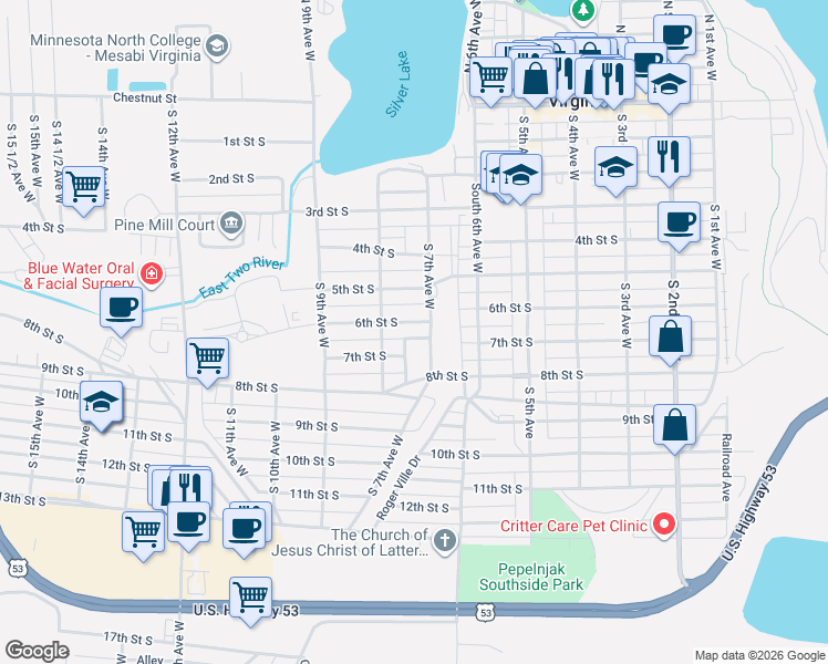 map of restaurants, bars, coffee shops, grocery stores, and more near 701 South 7th Avenue West in Virginia