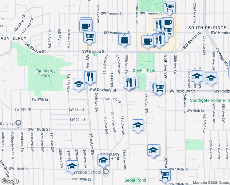 map of restaurants, bars, coffee shops, grocery stores, and more near 3121 Southwest Roxbury Street in Seattle