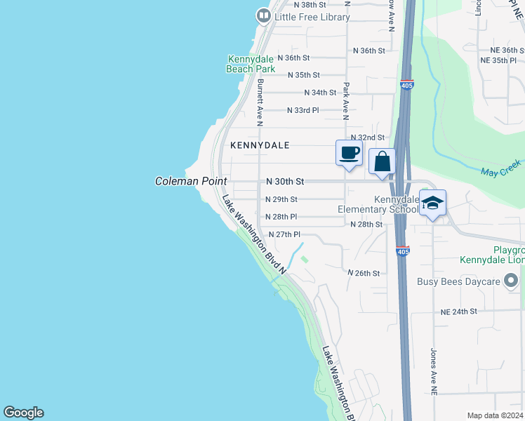 map of restaurants, bars, coffee shops, grocery stores, and more near 2814 Burnett Avenue North in Renton