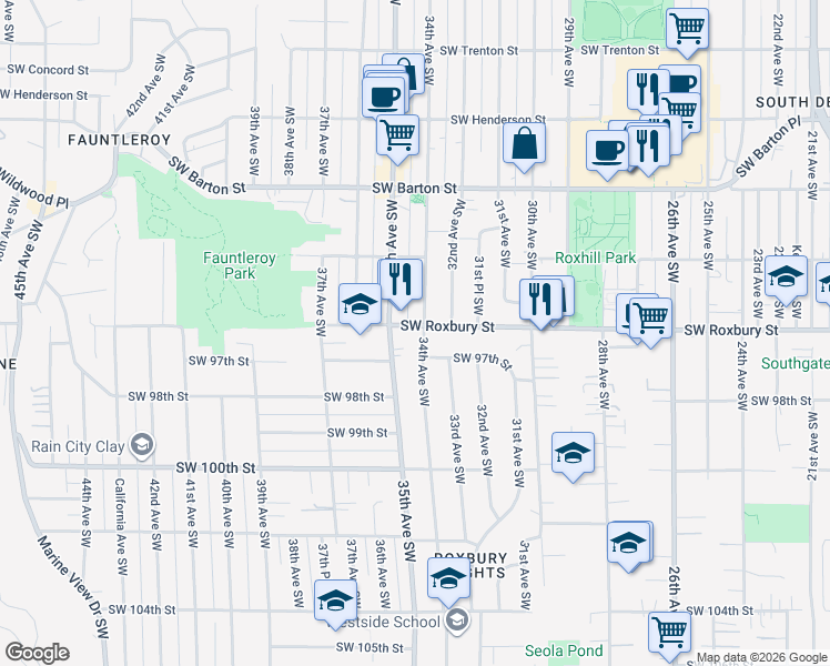 map of restaurants, bars, coffee shops, grocery stores, and more near 9617 34th Avenue Southwest in Seattle