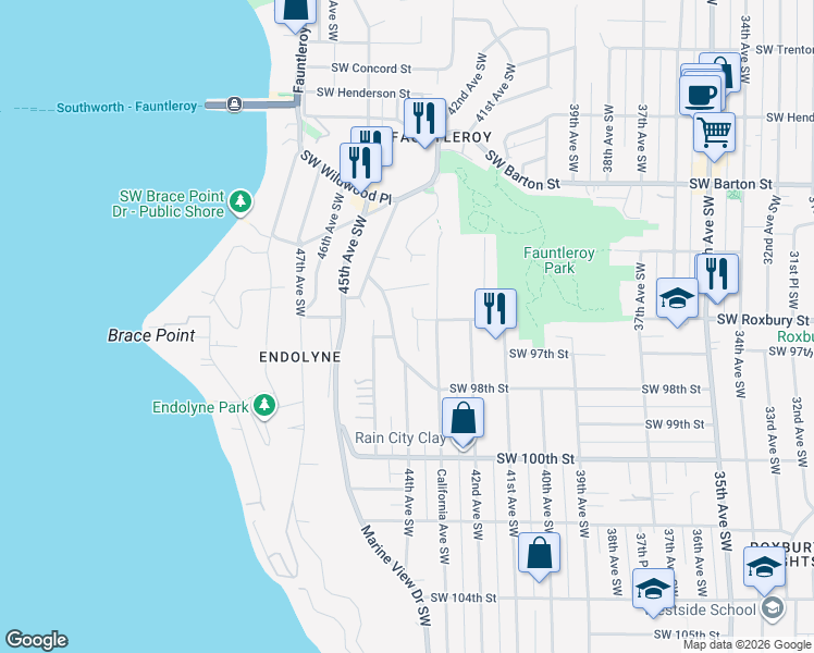map of restaurants, bars, coffee shops, grocery stores, and more near 9615 California Avenue Southwest in Seattle