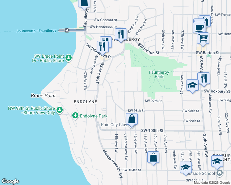 map of restaurants, bars, coffee shops, grocery stores, and more near 9615 California Avenue Southwest in Seattle