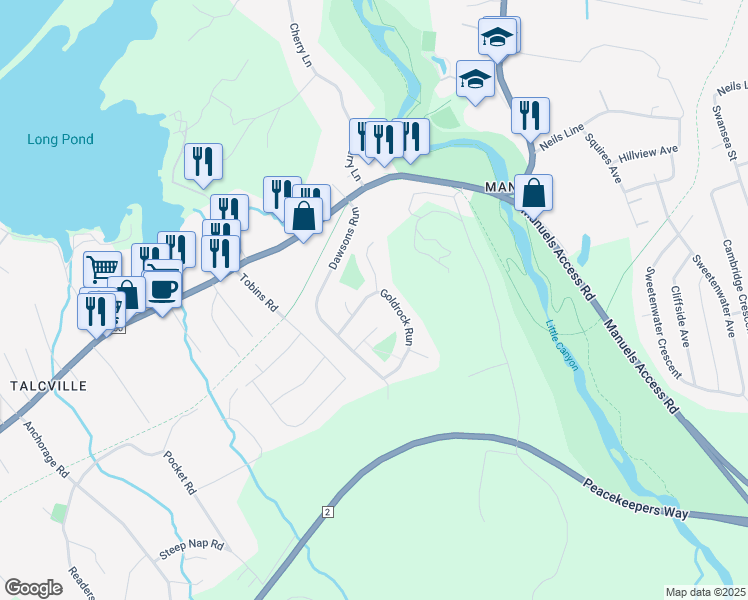 map of restaurants, bars, coffee shops, grocery stores, and more near 20 Goldrock Run in Conception Bay South