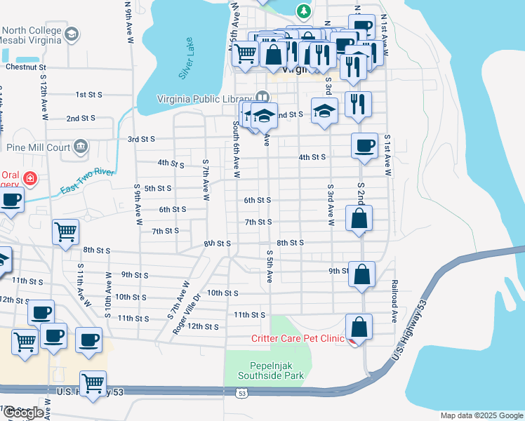 map of restaurants, bars, coffee shops, grocery stores, and more near 507 7th Street South in Virginia
