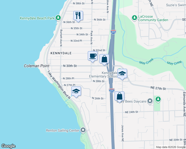 map of restaurants, bars, coffee shops, grocery stores, and more near 2824 Park Avenue North in Renton