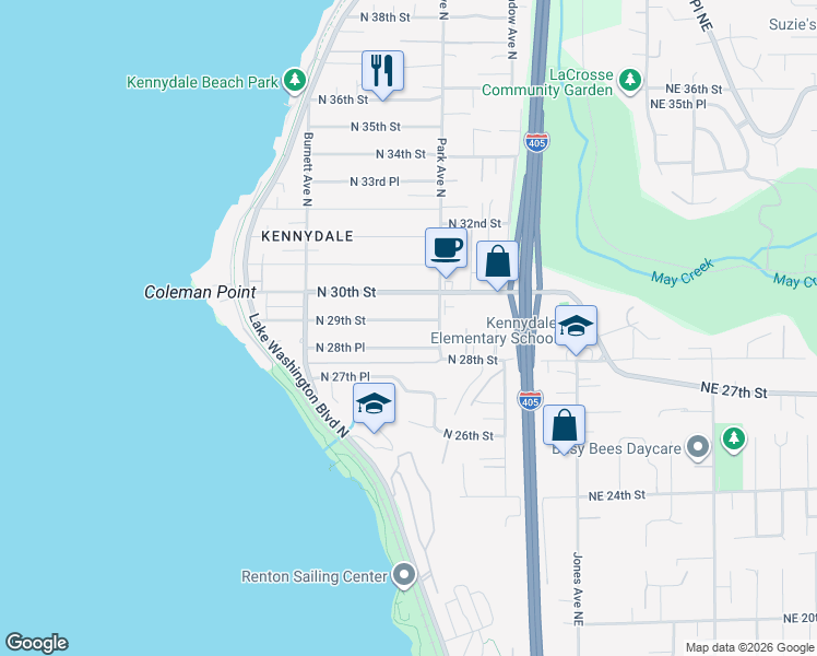 map of restaurants, bars, coffee shops, grocery stores, and more near 1116 North 28th Place in Renton