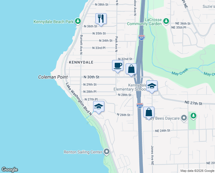 map of restaurants, bars, coffee shops, grocery stores, and more near 1116 North 28th Place in Renton