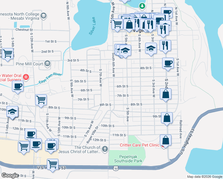 map of restaurants, bars, coffee shops, grocery stores, and more near 602 7th Street South in Virginia