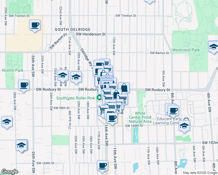map of restaurants, bars, coffee shops, grocery stores, and more near 9636 16th Avenue Southwest in Seattle