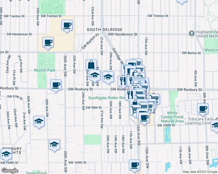 map of restaurants, bars, coffee shops, grocery stores, and more near 9615 20th Avenue Southwest in Seattle