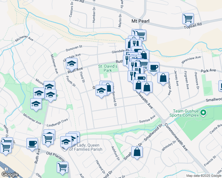 map of restaurants, bars, coffee shops, grocery stores, and more near 18 Second Street in Mount Pearl