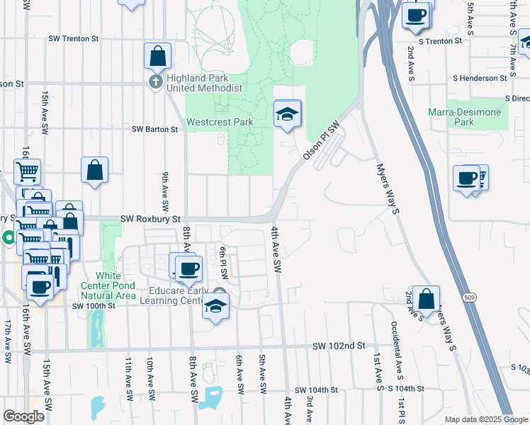 map of restaurants, bars, coffee shops, grocery stores, and more near 9606 4th Avenue Southwest in Seattle