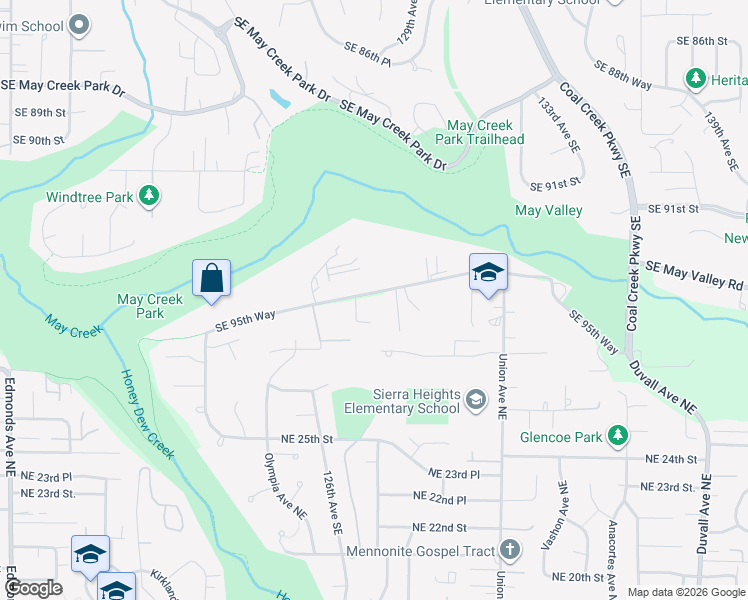 map of restaurants, bars, coffee shops, grocery stores, and more near 12715 Southeast 95th Place in Newcastle