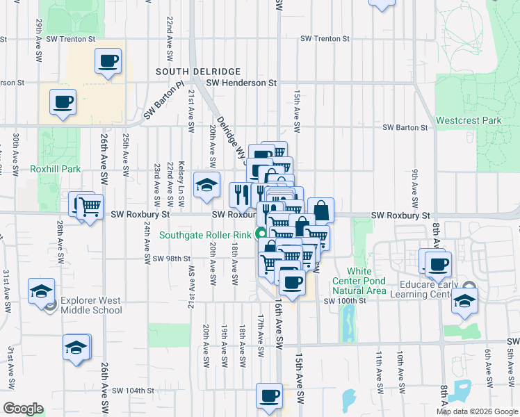 map of restaurants, bars, coffee shops, grocery stores, and more near 9616 17th Avenue Southwest in Seattle