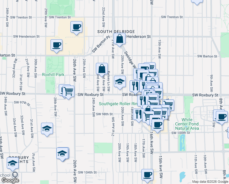 map of restaurants, bars, coffee shops, grocery stores, and more near 2109 Southwest Roxbury Street in Seattle