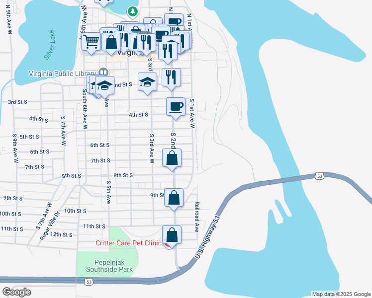 map of restaurants, bars, coffee shops, grocery stores, and more near 116 7th Street South in Virginia