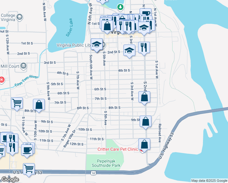 map of restaurants, bars, coffee shops, grocery stores, and more near 716 South 5th Avenue in Virginia