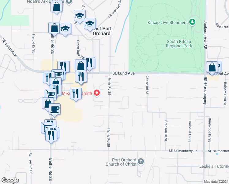 map of restaurants, bars, coffee shops, grocery stores, and more near 3473 Harris Road Southeast in Port Orchard