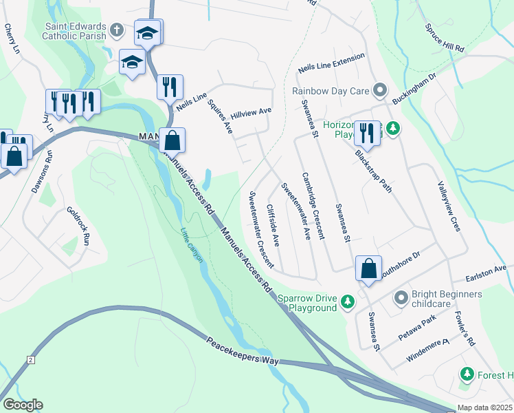 map of restaurants, bars, coffee shops, grocery stores, and more near 23 Sweetenwater Crescent in Conception Bay South