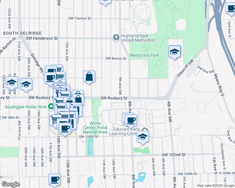 map of restaurants, bars, coffee shops, grocery stores, and more near 954 Southwest 96th Place in Seattle