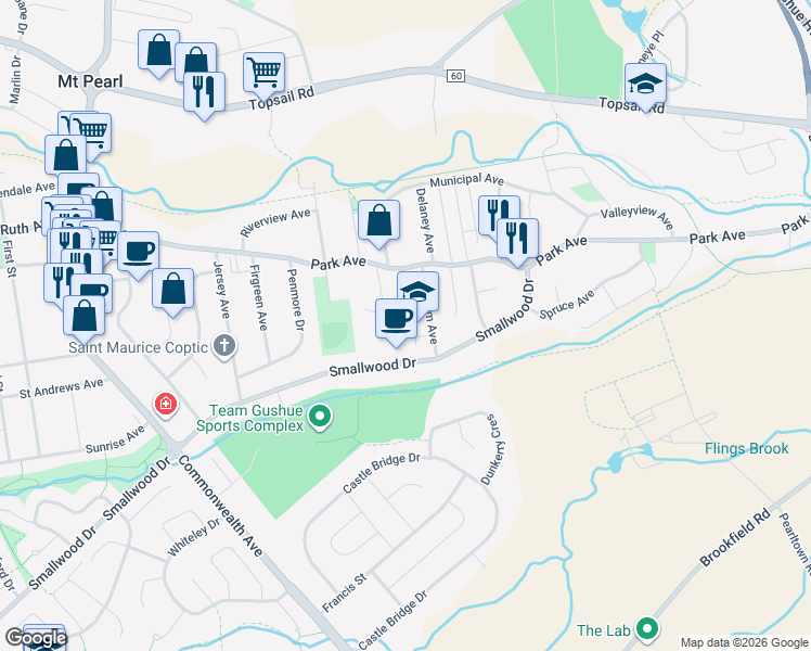 map of restaurants, bars, coffee shops, grocery stores, and more near 20 Pleasant Avenue in Mount Pearl
