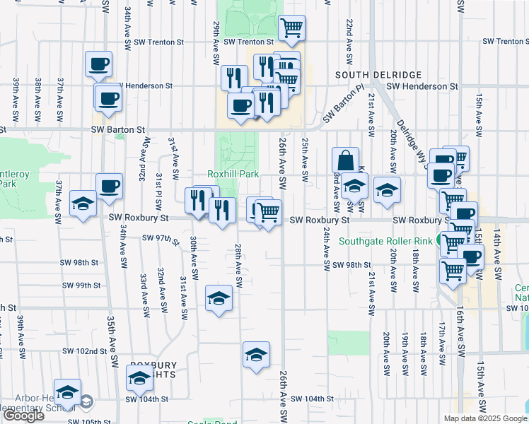 map of restaurants, bars, coffee shops, grocery stores, and more near 9620 28th Avenue Southwest in Seattle