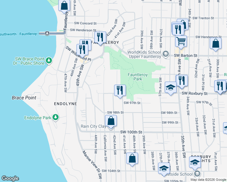 map of restaurants, bars, coffee shops, grocery stores, and more near 9617 42nd Avenue Southwest in Seattle