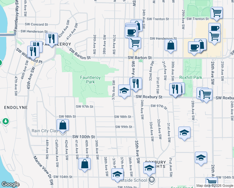 map of restaurants, bars, coffee shops, grocery stores, and more near 9616 37th Avenue Southwest in Seattle
