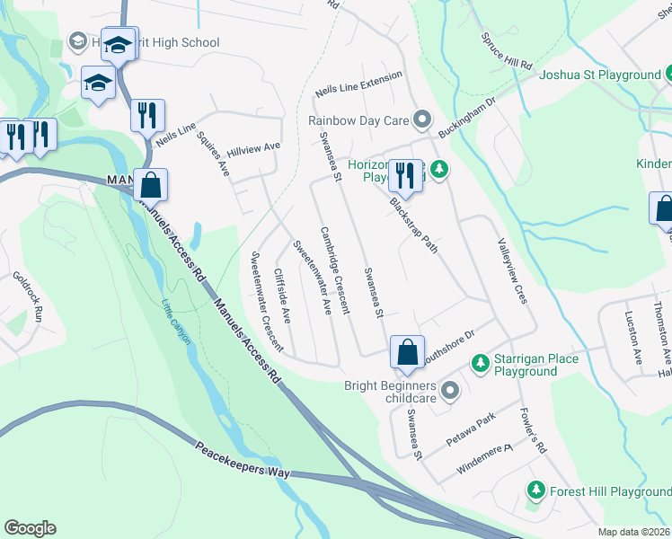 map of restaurants, bars, coffee shops, grocery stores, and more near Cambridge Crescent in Conception Bay South