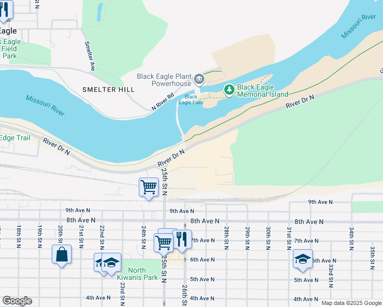 map of restaurants, bars, coffee shops, grocery stores, and more near 1025 25th Street North in Great Falls