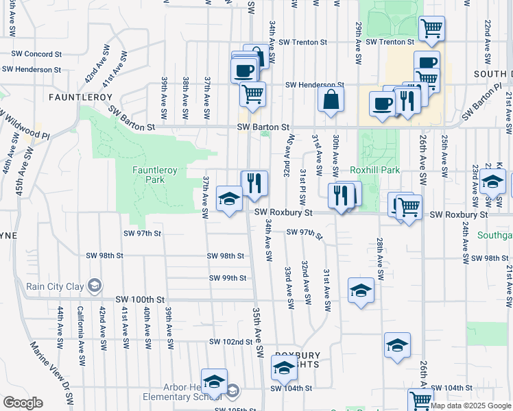 map of restaurants, bars, coffee shops, grocery stores, and more near 9617 34th Avenue Southwest in Seattle