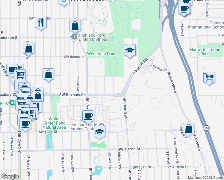 map of restaurants, bars, coffee shops, grocery stores, and more near 9414 5th Avenue Southwest in Seattle