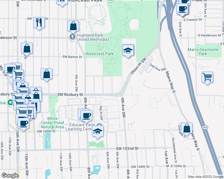 map of restaurants, bars, coffee shops, grocery stores, and more near 9414 5th Avenue Southwest in Seattle