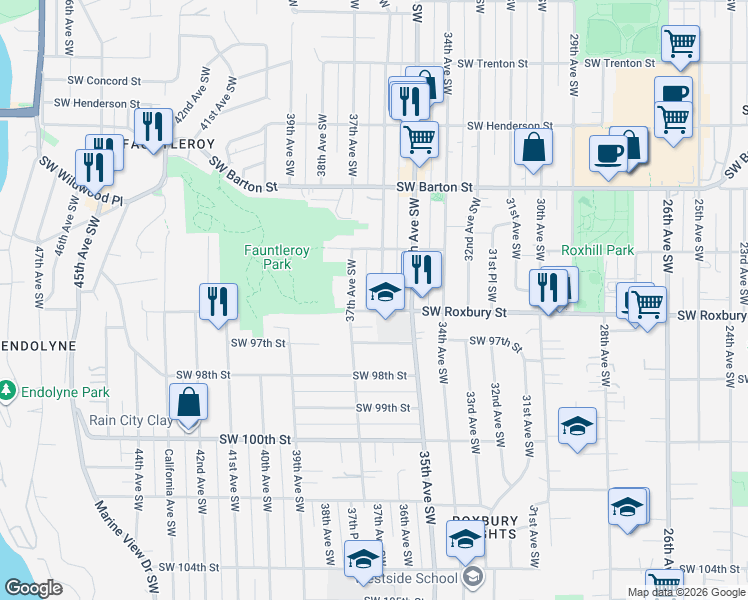 map of restaurants, bars, coffee shops, grocery stores, and more near 9420 37th Avenue Southwest in Seattle
