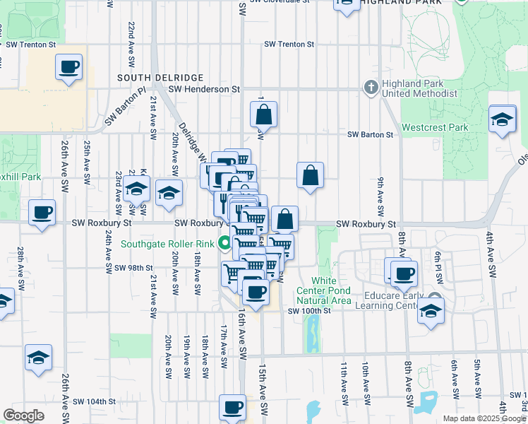 map of restaurants, bars, coffee shops, grocery stores, and more near 9417 14th Avenue Southwest in Seattle