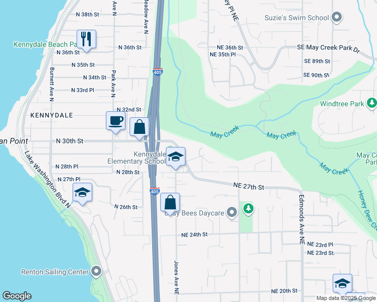 map of restaurants, bars, coffee shops, grocery stores, and more near 2938 Kennewick Place Northeast in Renton